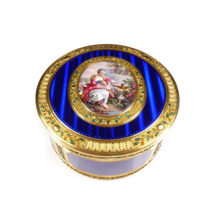 Louis XV round gold and enamel box with miniature